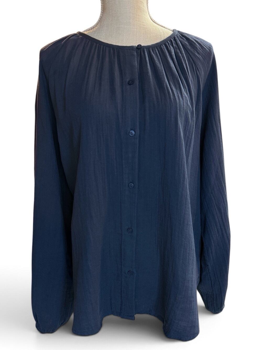 Quince Top 100% Organic Cotton Gauze Boho Peasant Blouse Indigo Blue Large